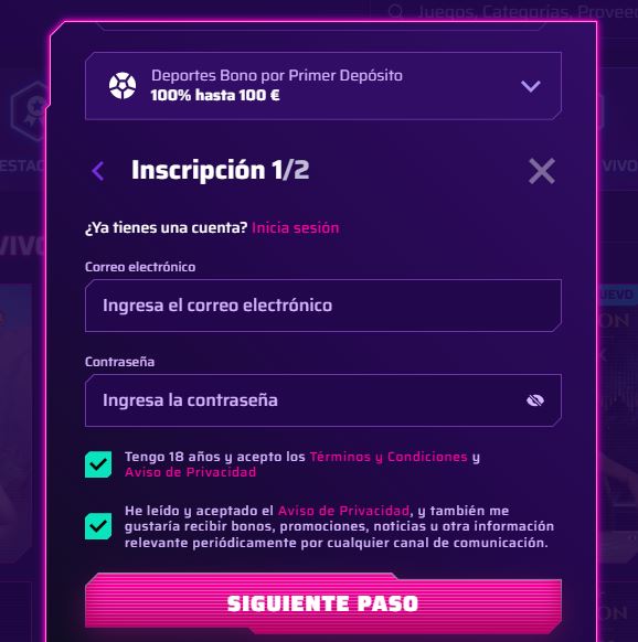 Registrate en Roby Casino completando formulario de inscripcion